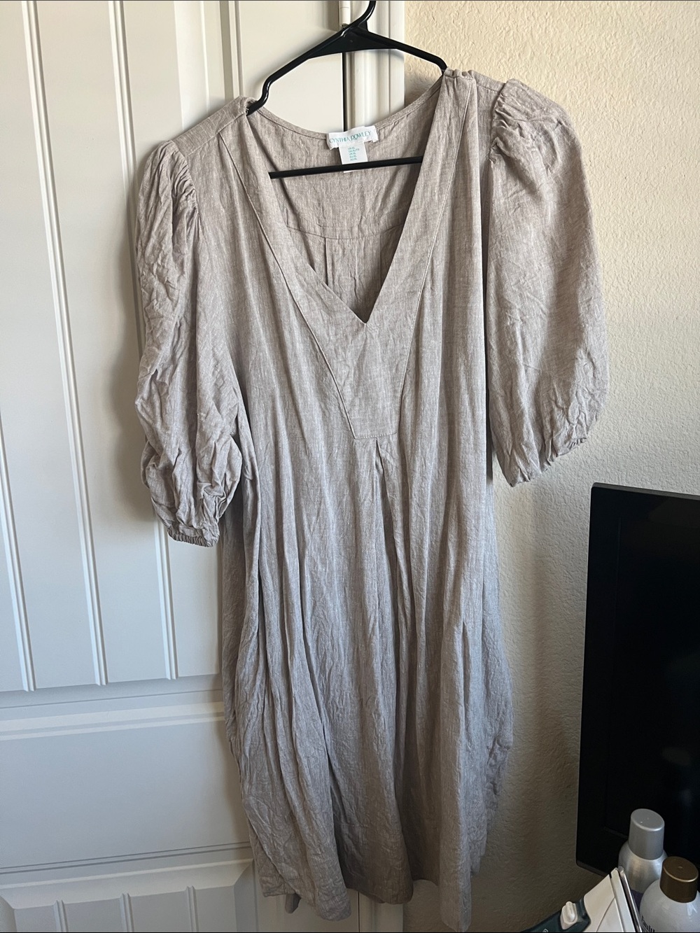 Cynthia Rowley Light Taupe Puff-Sleeve V-Neck Dress
